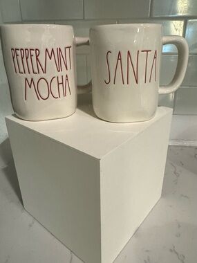 Rae Dunn White Ceramic Mugs with Red Lettering - 'Peppermint Mocha' & 'Santa'